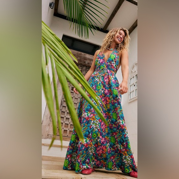 Free People Nouveau Tropic Plunging Halter Neck Linen Blend Bare Back Maxi ZB2 - Picture 9 of 13